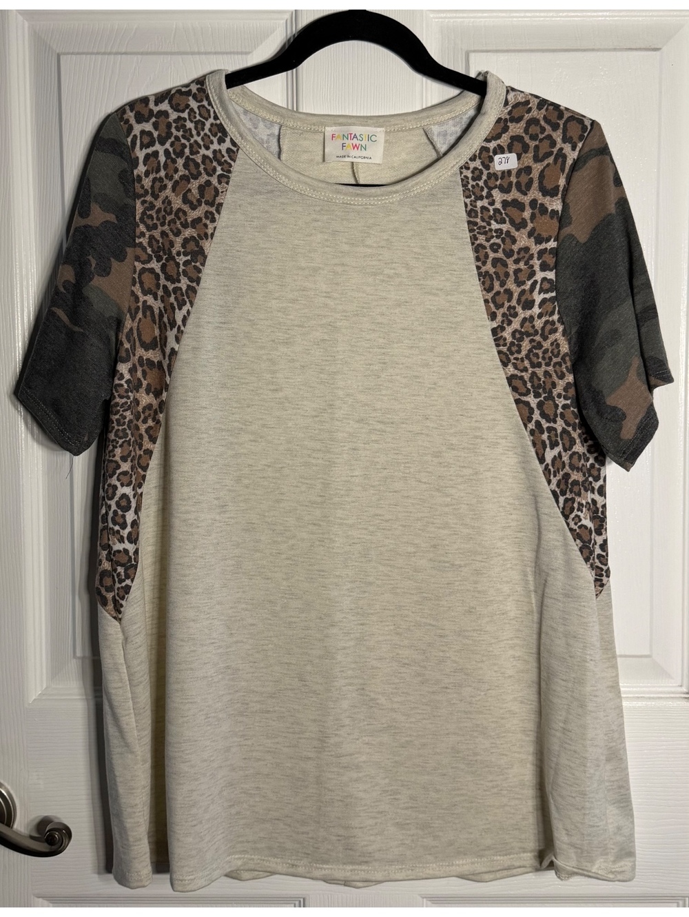 Fantastic Fawn Women's Medium Beige Top with Leopard and Camouflage Print Sleees
